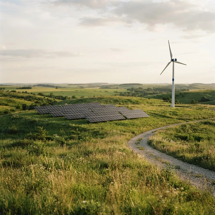 Fotografía de contexto: instalación de energía renovable en un paisaje verde.