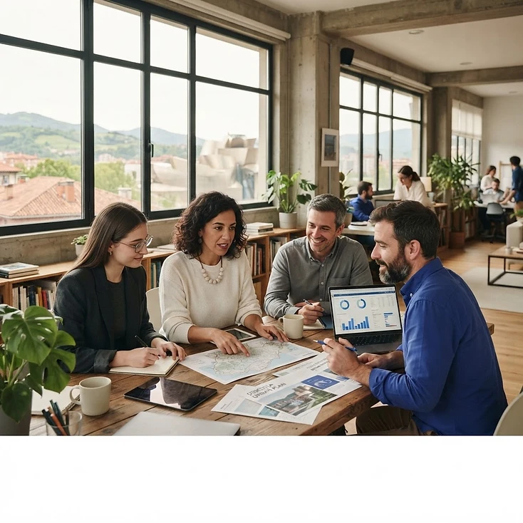 Fotografía de contexto: personas trabajando juntas en una oficina moderna.