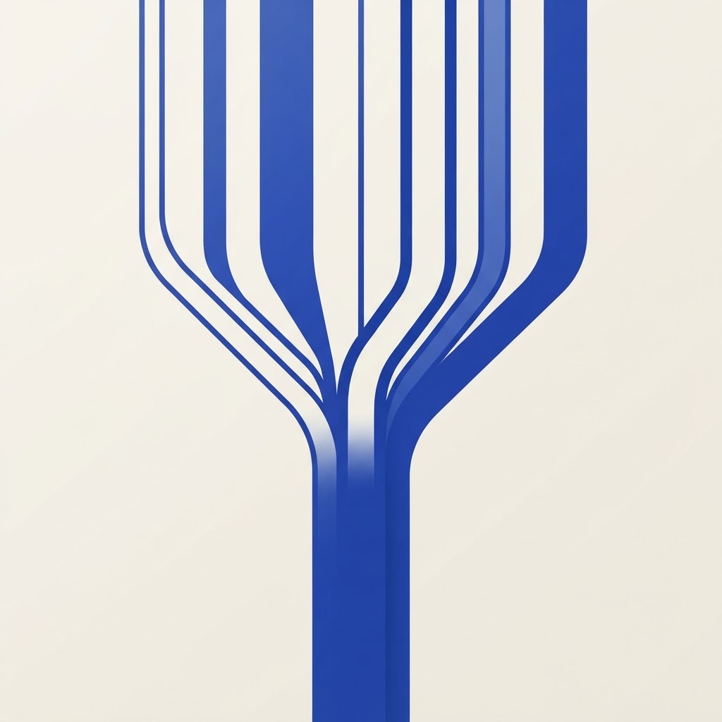 Ilustración abstracta de varios canales de distinta anchura que confluyen en un único registro central.
