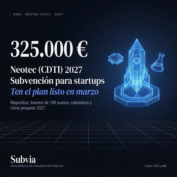 Cohete 3D en azul eléctrico sobre un calendario, con un chip y un matraz: guía de Neotec (CDTI) 2027 para startups