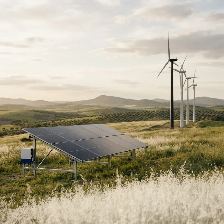 Fotografía de contexto: instalación de energía renovable en un paisaje verde.