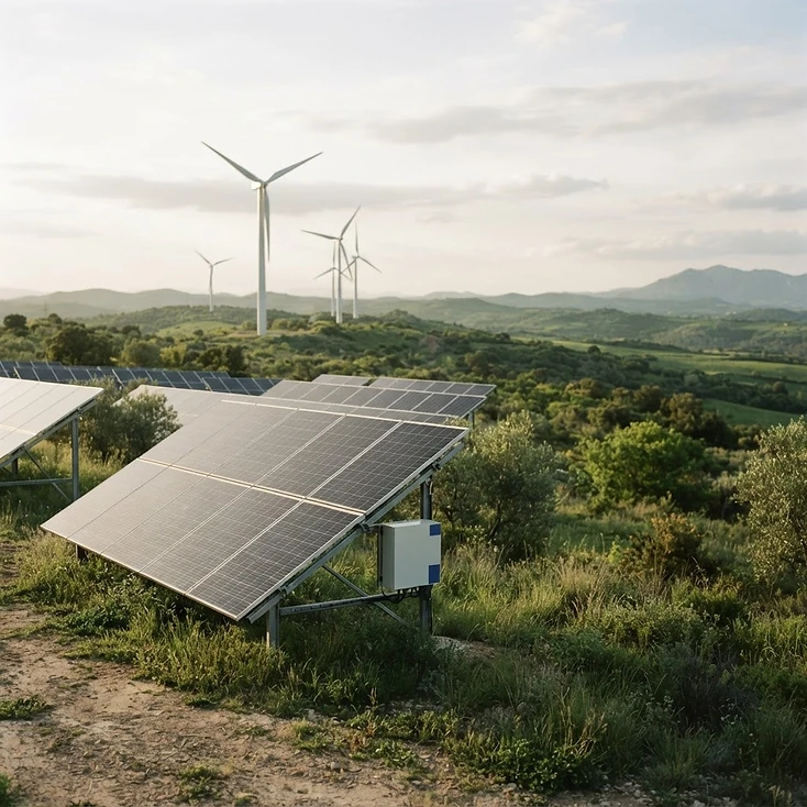 Fotografía de contexto: instalación de energía renovable en un paisaje verde.