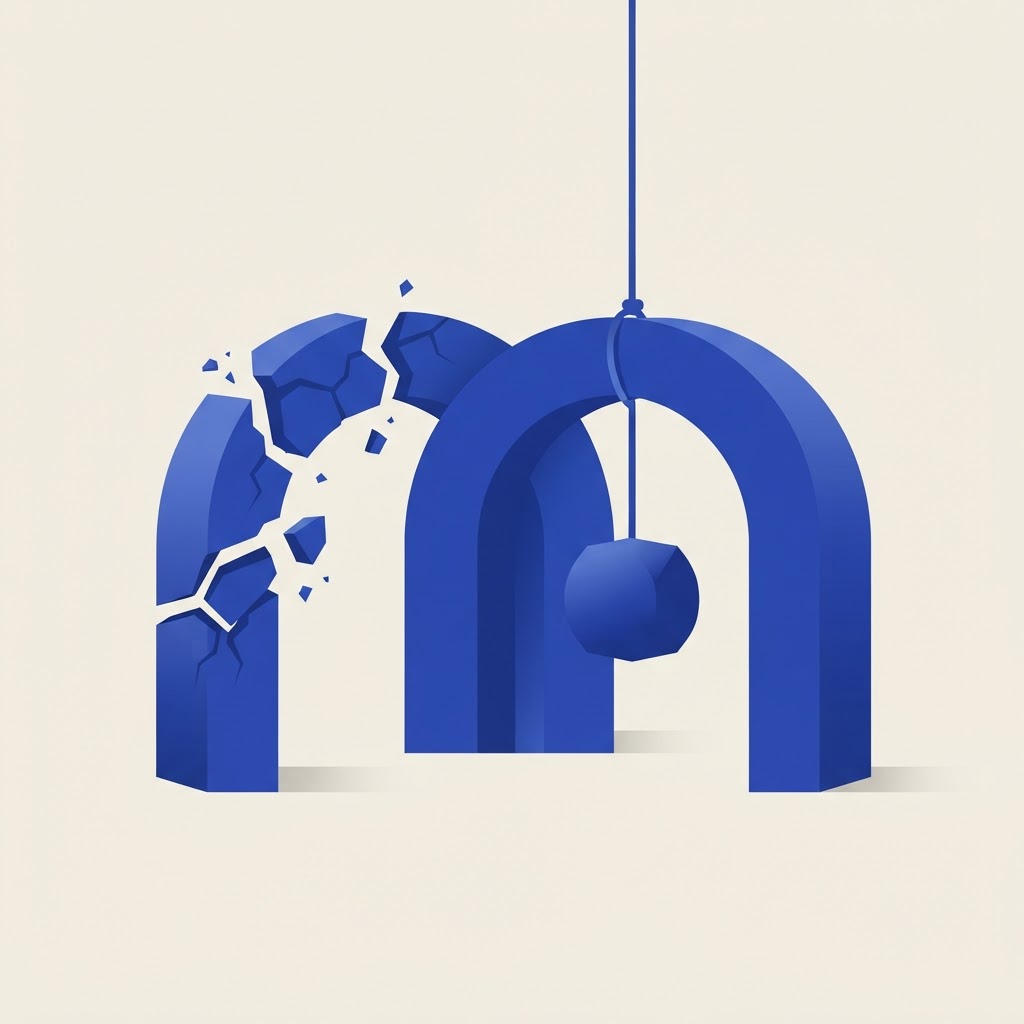 Ilustración geométrica abstracta de dos arcos entrelazados que sostienen una misma carga, uno de ellos fracturado.