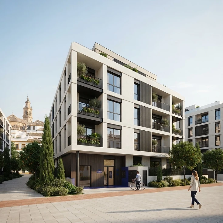 Fotografía de contexto: edificio residencial moderno en una ciudad española.