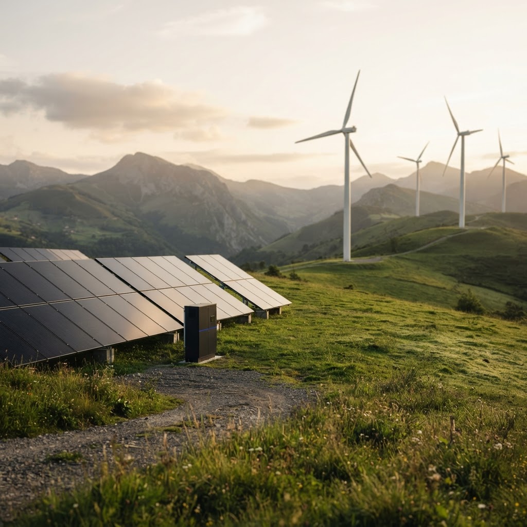Fotografía de contexto: instalación de energía renovable en un paisaje verde.