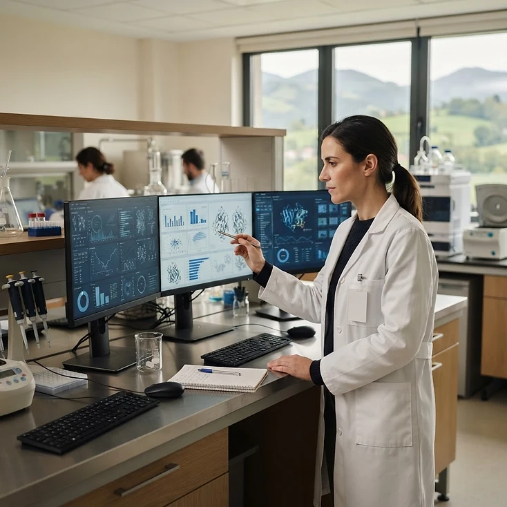 Fotografía de contexto: laboratorio de investigación con pantallas de datos.