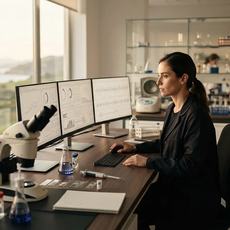 Fotografía de contexto: laboratorio de investigación con pantallas de datos.