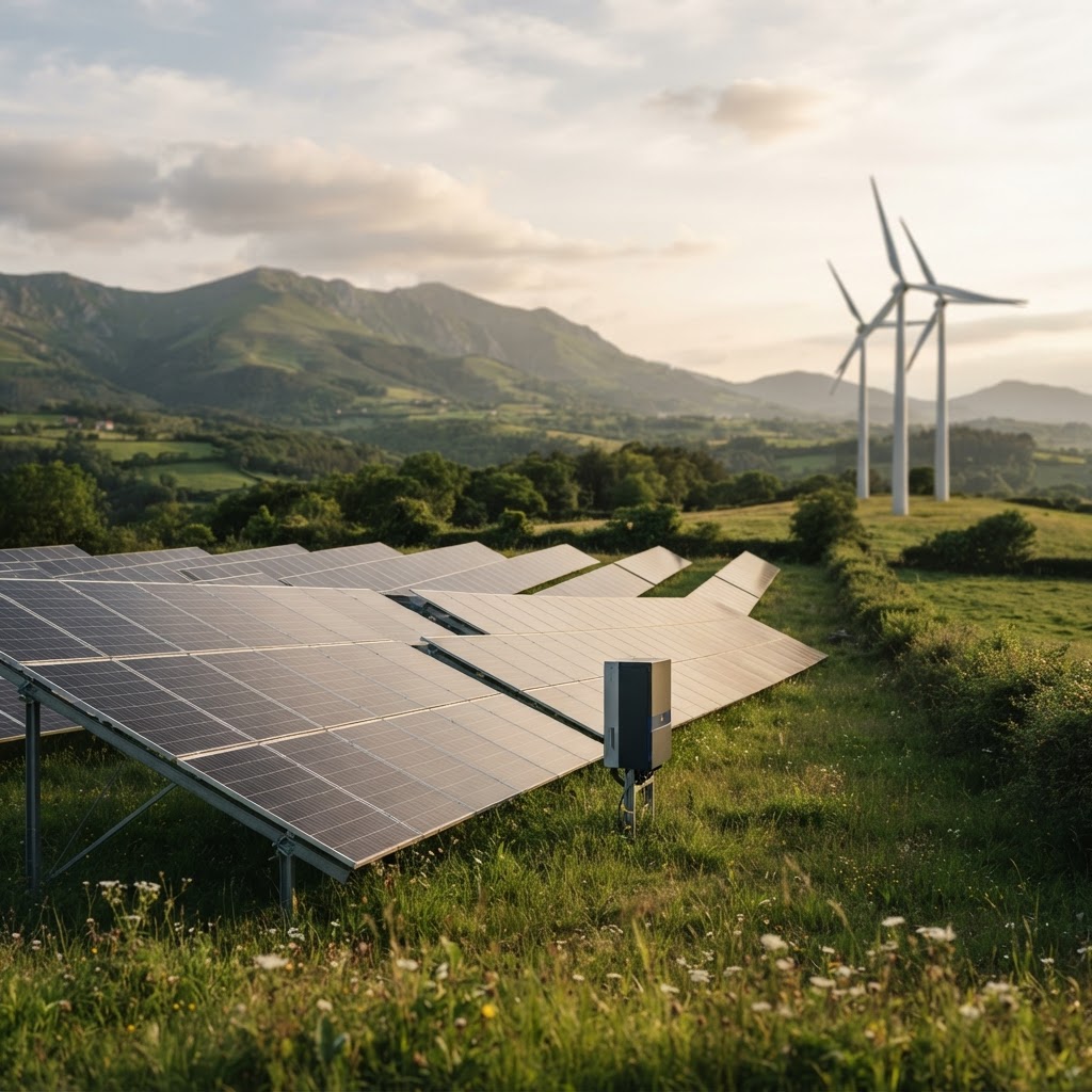 Fotografía de contexto: instalación de energía renovable en un paisaje verde.