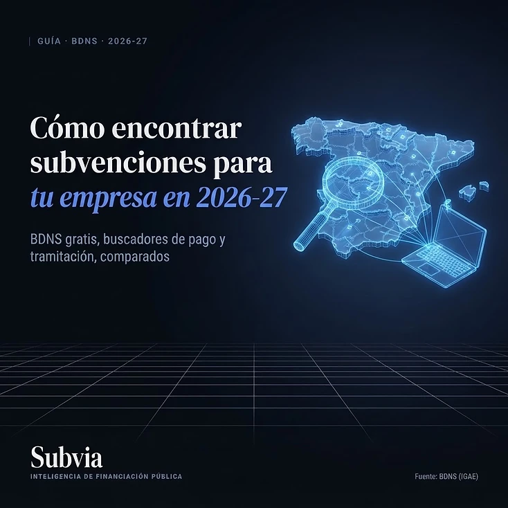 Lupa 3D en azul eléctrico sobre un mapa de España hecho de fichas: cómo encontrar subvenciones para tu empresa