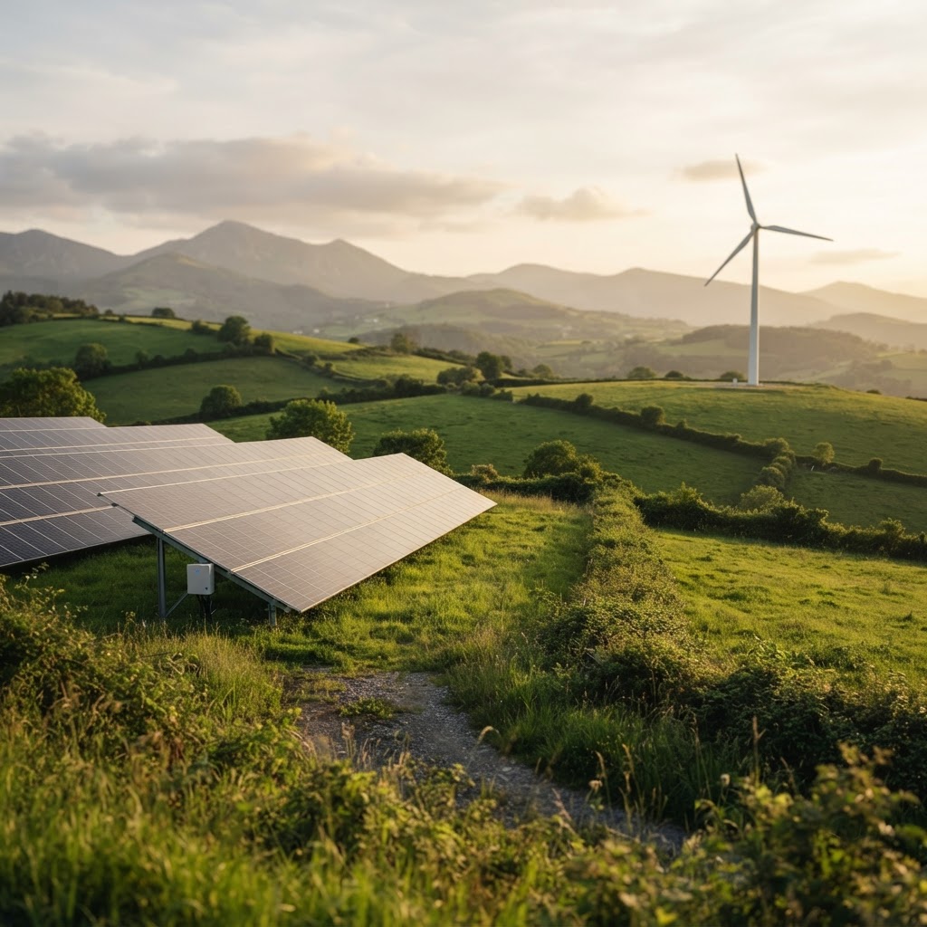 Fotografía de contexto: instalación de energía renovable en un paisaje verde.