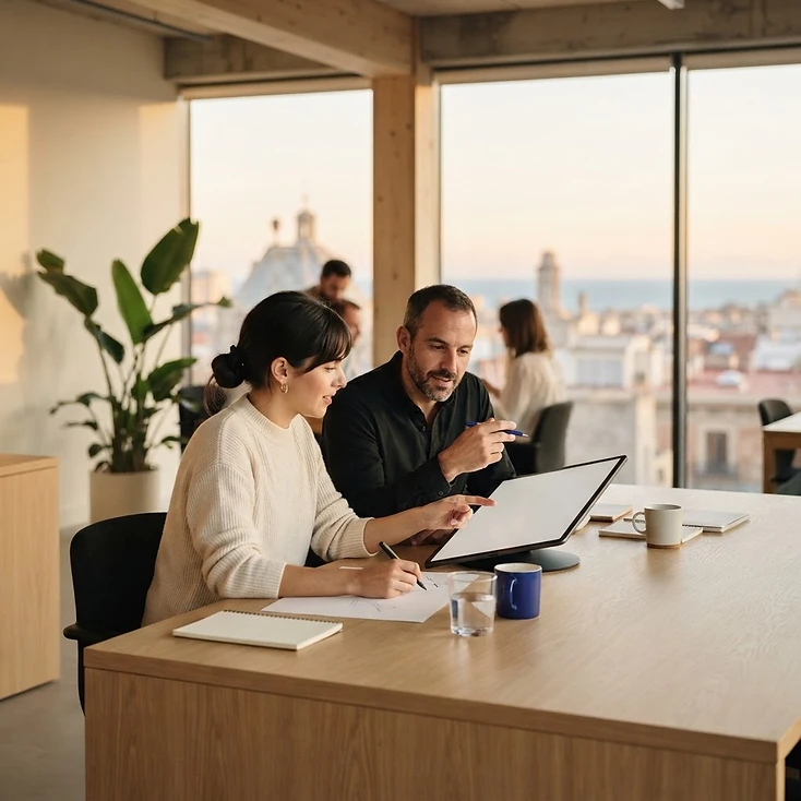 Fotografía de contexto: personas trabajando juntas en una oficina moderna.