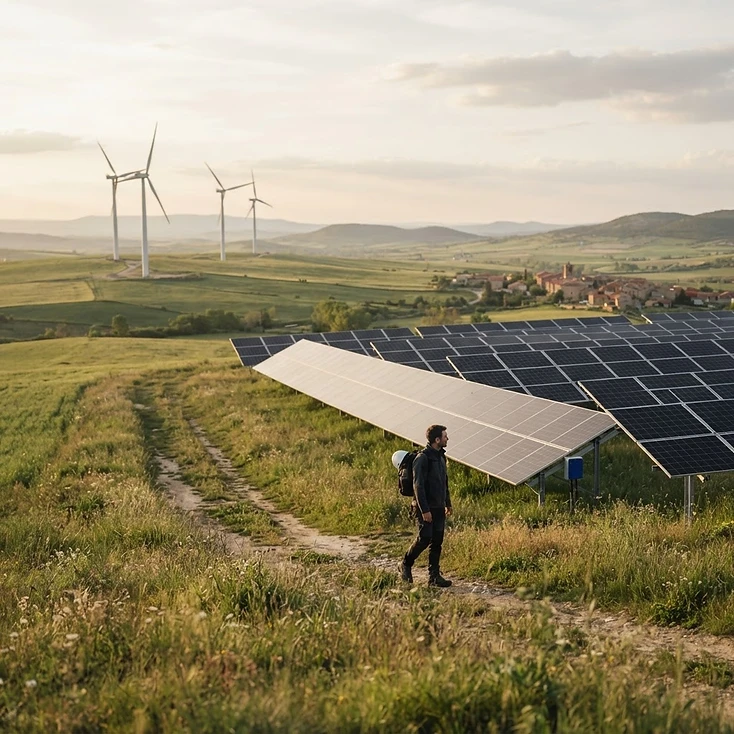 Fotografía de contexto: instalación de energía renovable en un paisaje verde.