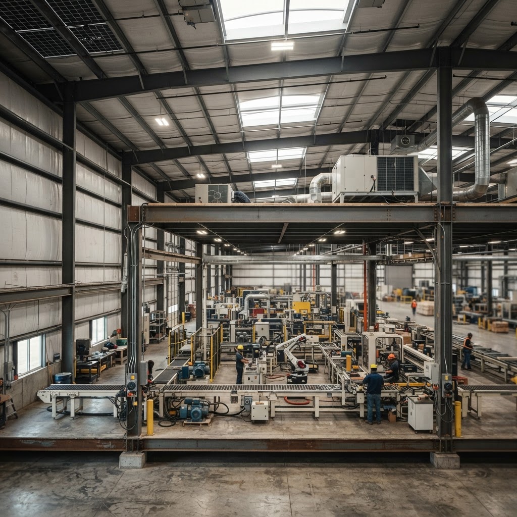 Infografía de una nave industrial con las áreas de actuación subvencionables señaladas: iluminación, climatización, envolvente, proceso productivo y cubierta con autoconsumo fotovoltaico
