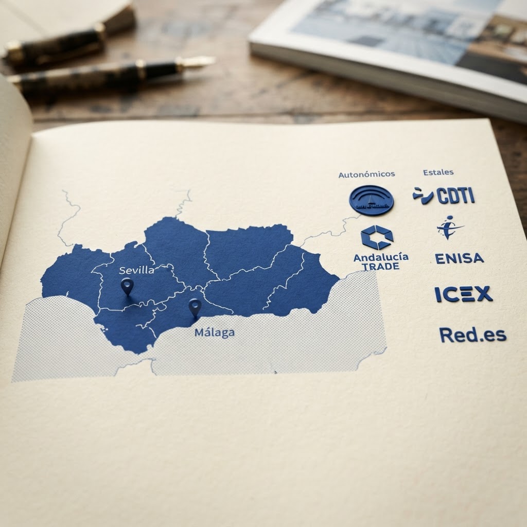 Infografía del mapa institucional de ayudas a empresas en Andalucía: Junta, Andalucía TRADE y organismos estatales