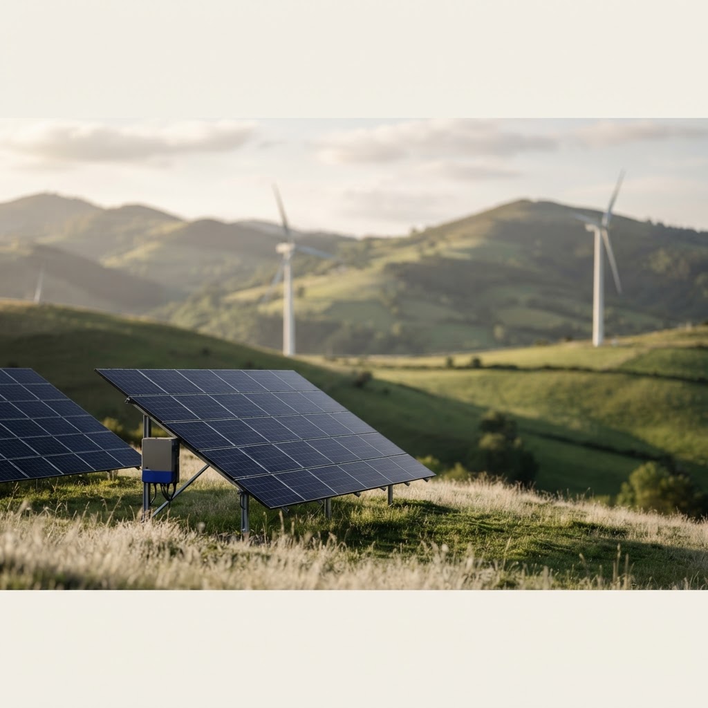 Fotografía de contexto: instalación de energía renovable en un paisaje verde.