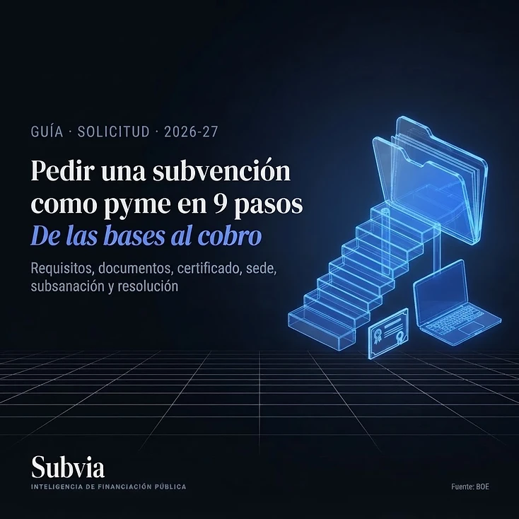 Escalera 3D de nueve peldaños en azul eléctrico hacia un expediente: cómo pedir una subvención como pyme