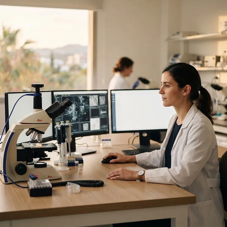 Fotografía de contexto: laboratorio de investigación con pantallas de datos.