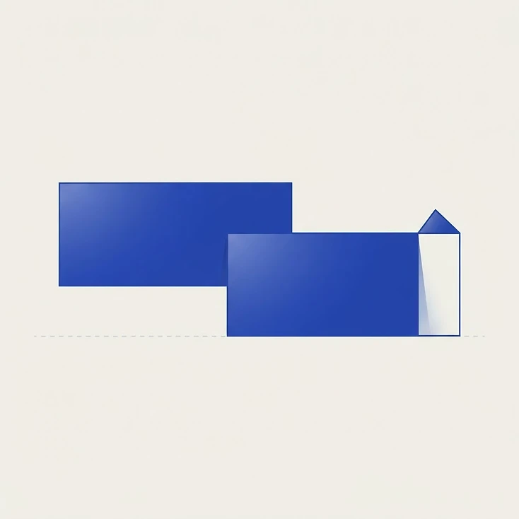 Composicion geometrica abstracta de dos rectangulos superpuestos y desplazados sobre una linea temporal, uno de ellos aun sin cerrar.