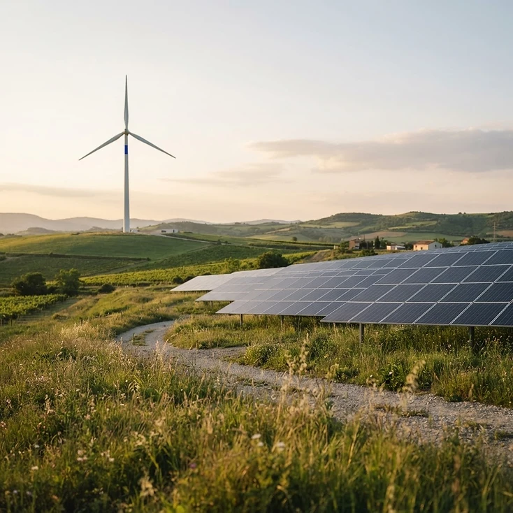 Fotografía de contexto: instalación de energía renovable en un paisaje verde.