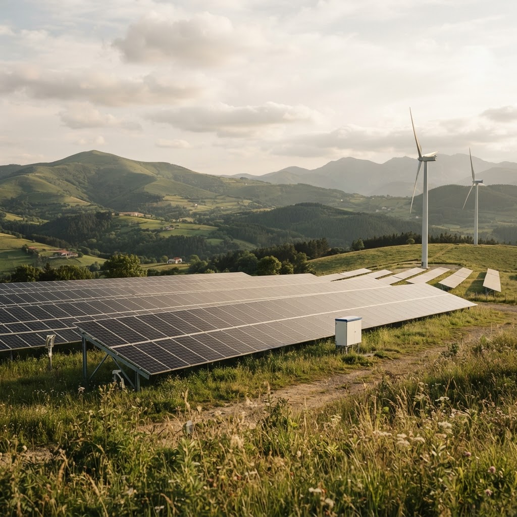 Fotografía de contexto: instalación de energía renovable en un paisaje verde.