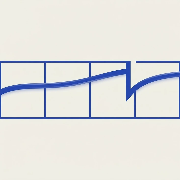 Composición geométrica abstracta con una línea temporal segmentada cuyo trazo se corta y reinicia, en azul cobalto sobre fondo crema.