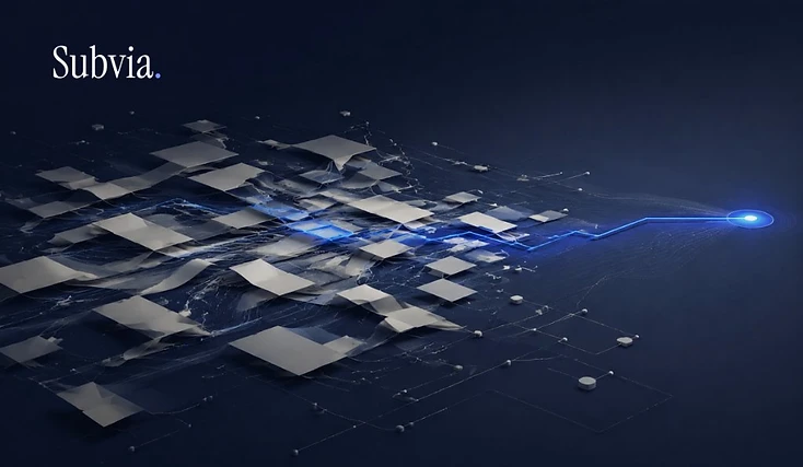 Ilustración abstracta de una red de datos sobre fondo azul oscuro, con una línea de luz cian que conecta bloques hacia un punto de destino.