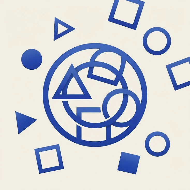 Composición geométrica abstracta de tres formas encajadas que cierran un anillo mientras otras quedan fuera.