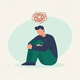 An overwhelmed care home owner sitting with knees hugged to their chest, a tangled scribble above their head