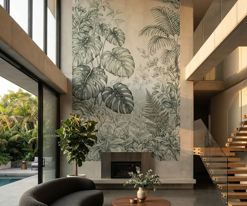 High-fidelity botanical mural printed on a smooth concrete wall in a minimalist modern home interior