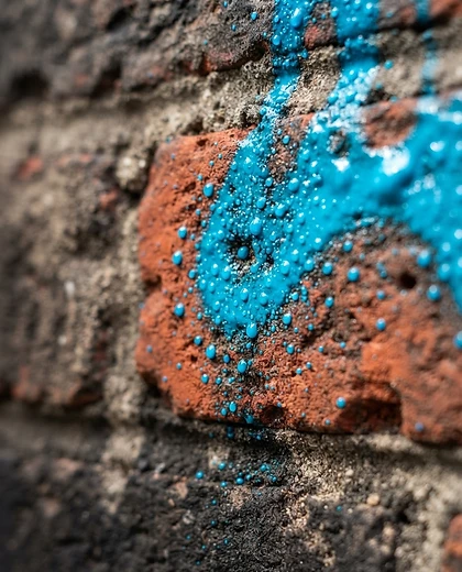Macro close-up of art printed on a brick wall surface showing ink texture and adhesion