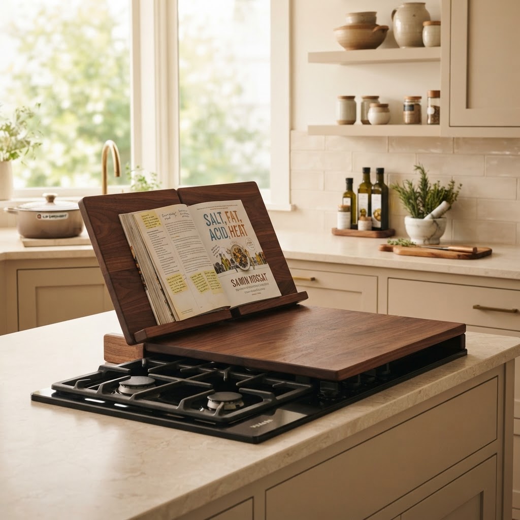 The CounterKind stove cover folded into the riser in a kitchen