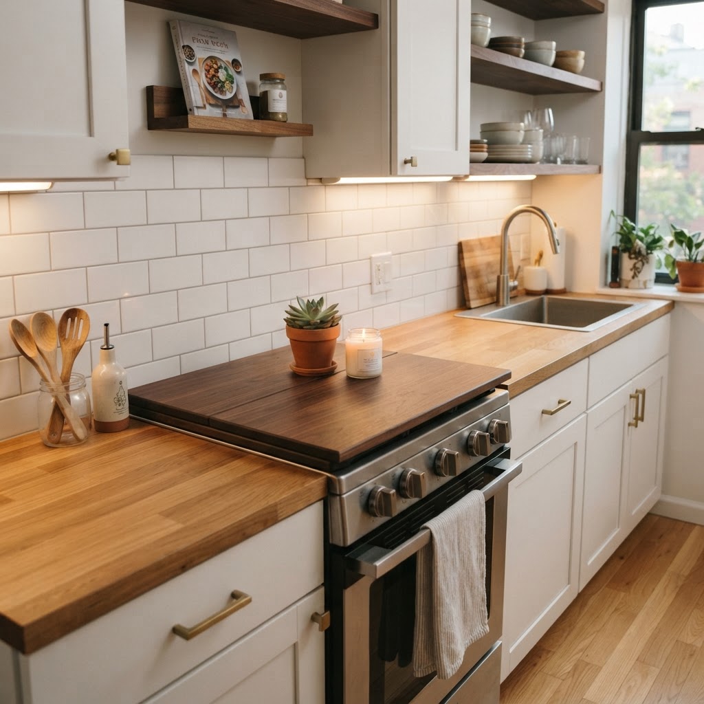 Organized kitchen after using the stove cover and riser