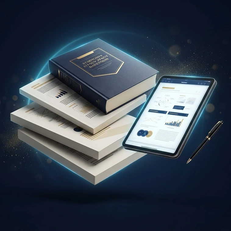 Mockup de apostilas em PDF e tablet com materiais de estudo