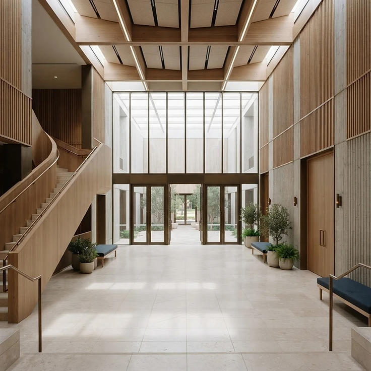 A calm, welcoming church entrance with soft natural light and clean architectural lines