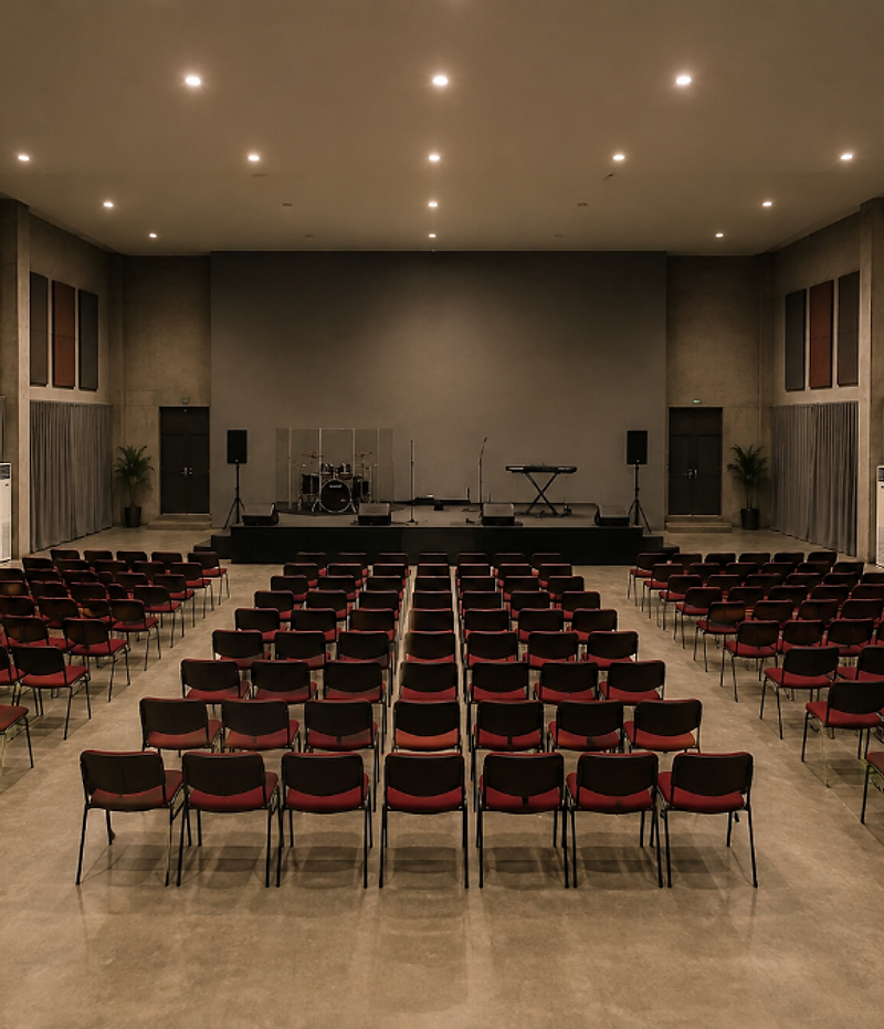 A quiet, empty sanctuary with rows of chairs facing a simple stage