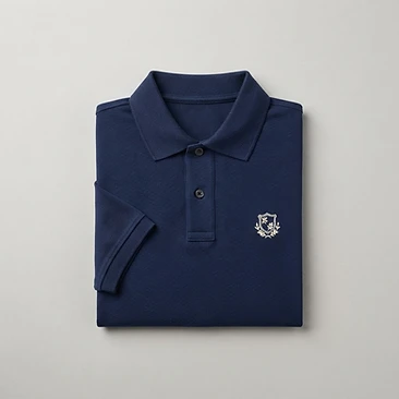 Folded navy polo shirt with elegant left-chest embroidery