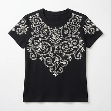 Black T-shirt decorated with sparkling rhinestones in an elegant pattern