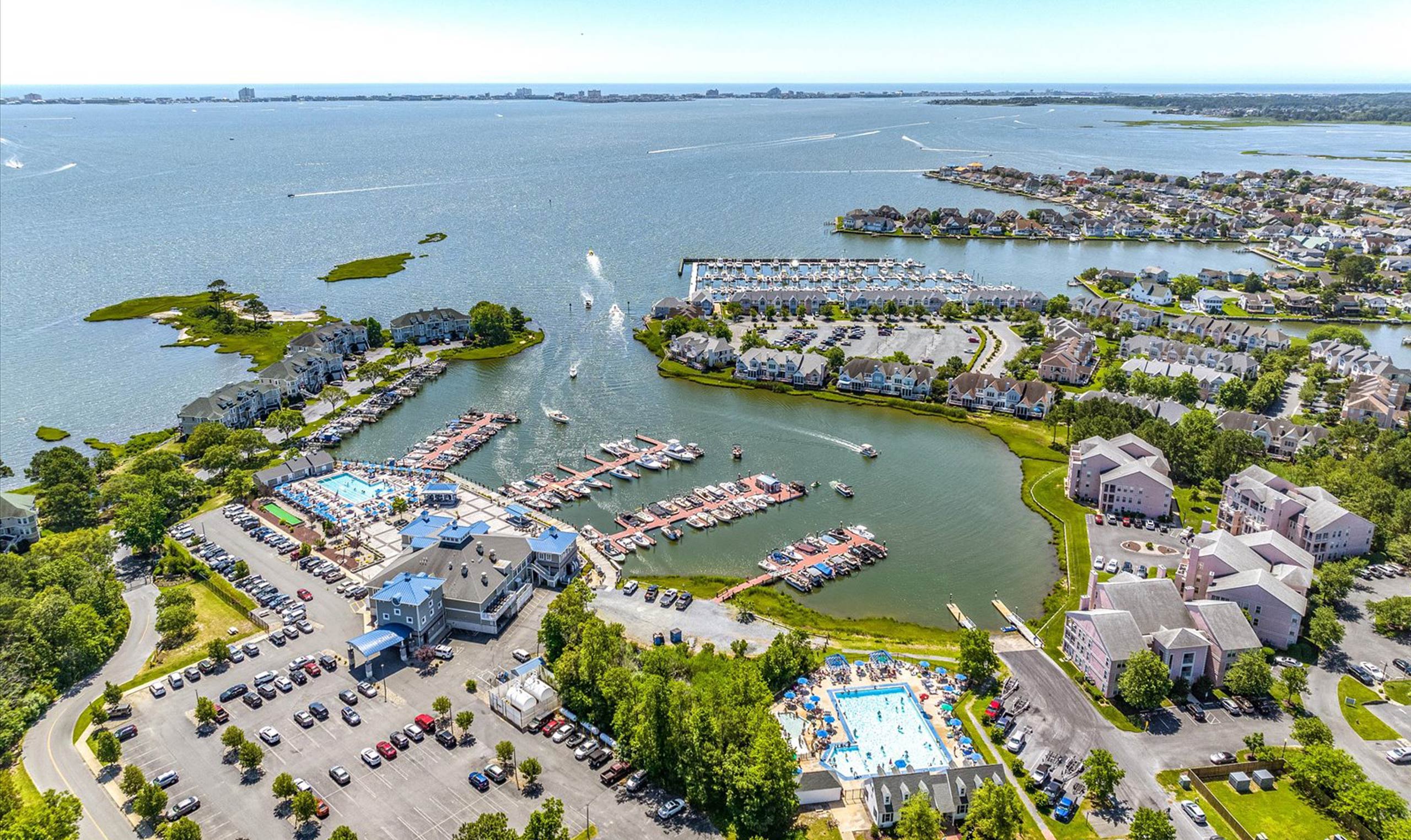 Aerial view of coastal marina community