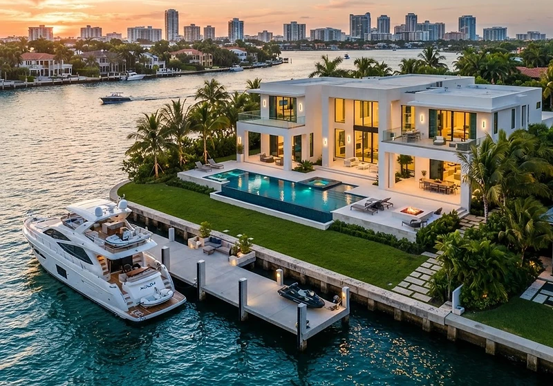 Fort Lauderdale Intracoastal waterfront estate with palms and dock