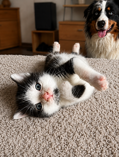 Junge Katze mit Australian Shepherd im Hintergrund