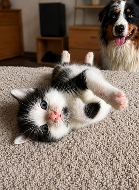 Junge Katze mit Australian Shepherd im Hintergrund als Motiv für Diagnostik