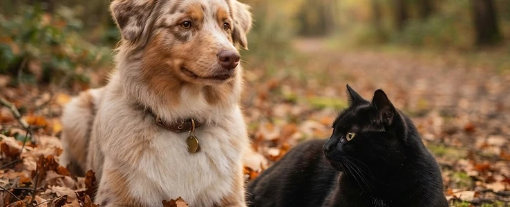 Australian Shepherd und schwarze Katze gemeinsam zwischen herbstlichen Blättern