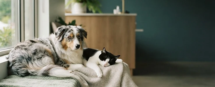 Ein Hund und eine Katze ruhen entspannt in einer modernen Tierarztpraxis