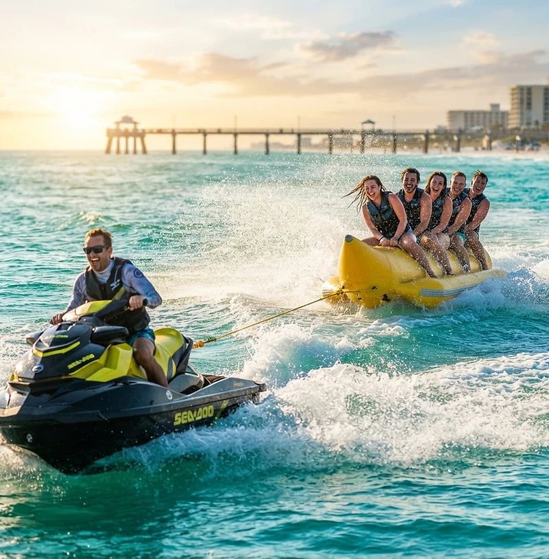 Clearwater Beach jet ski rental towing a banana boat ride across turquoise Gulf water — Pier 60 Watersports