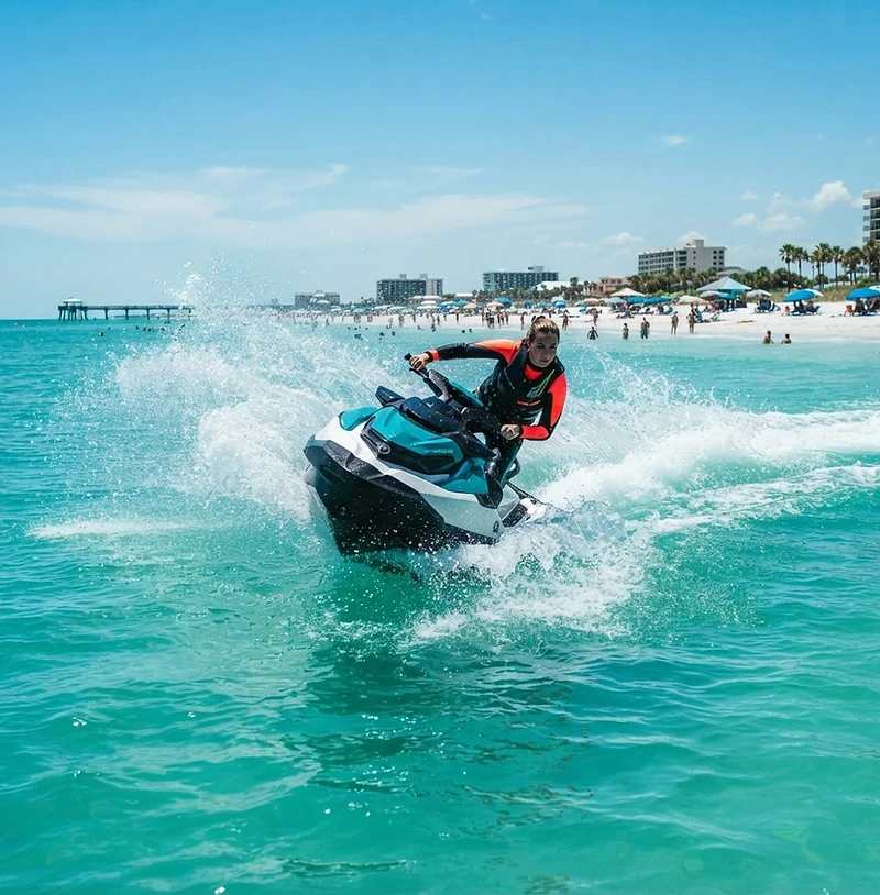 Clearwater jet ski rental carving a turquoise wake on Clearwater Beach, FL
