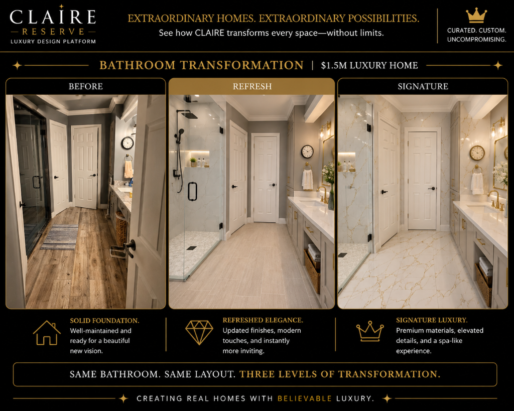 Claire Reserve bathroom — Before, Refresh and Signature transformation card