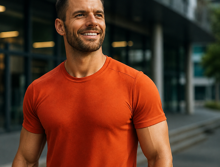 Athletic man in an orange t-shirt, representing the peak-performance state of a Hunter Test customer