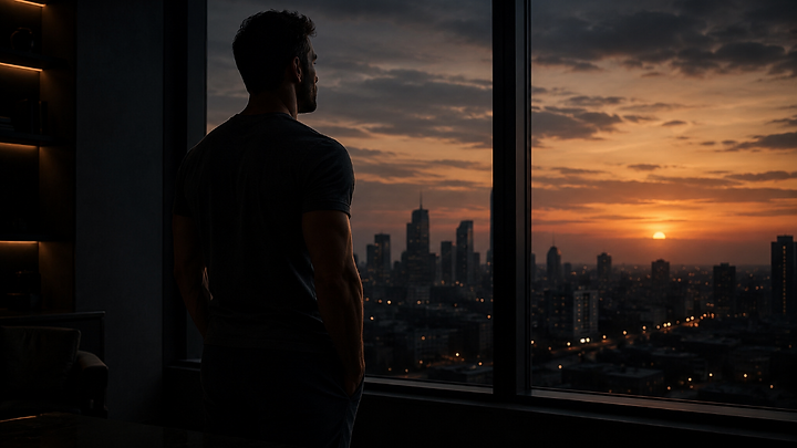 Silhueta de um homem olhando para o pôr do sol sobre a cidade