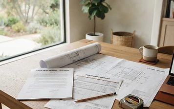 Construction contract, budget worksheet, and blueprints on a wood table