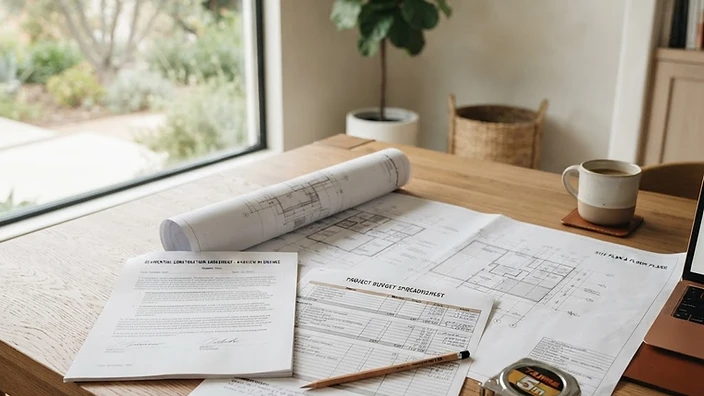 Construction contract, budget worksheet, and blueprints on a wood table